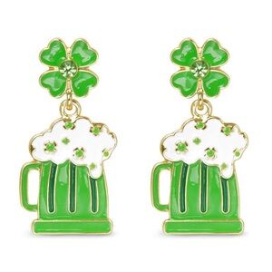 New AMANDA BLU GOLD CZ BEER AND FOUR LEAF CLOVER DANGLE EARRINGS